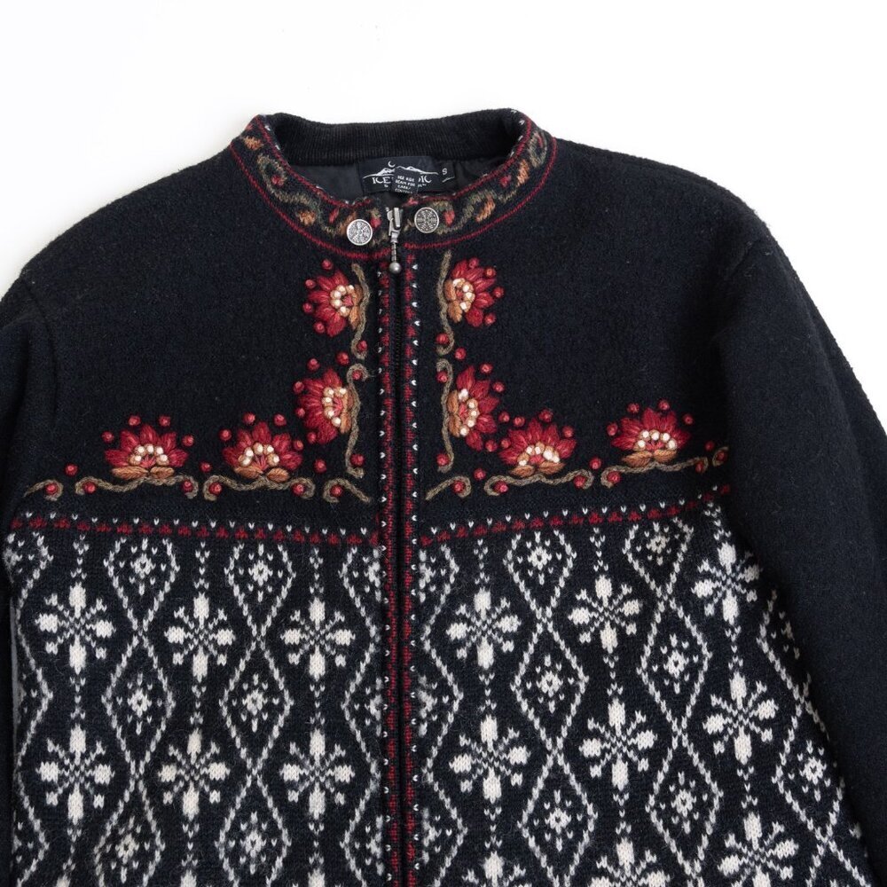 Icelandic Design Wool Cardigan Full Zip Jacket Embroidered Floral Fair Isle - Picture 3 of 16